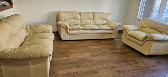 3-Piece Cream Leather Sofa Set — Sofa, Loveseat & Armchair