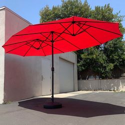 (New) $130 Large 15x9 FT Double Sided Umbrella with Weight Base set (Red/Gray color)