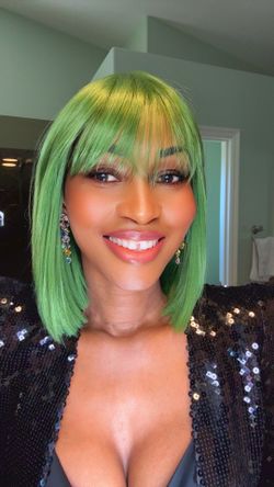 Short Green Bob Wig With Bangs Premium Quality Synthetic Hair Heat Ok