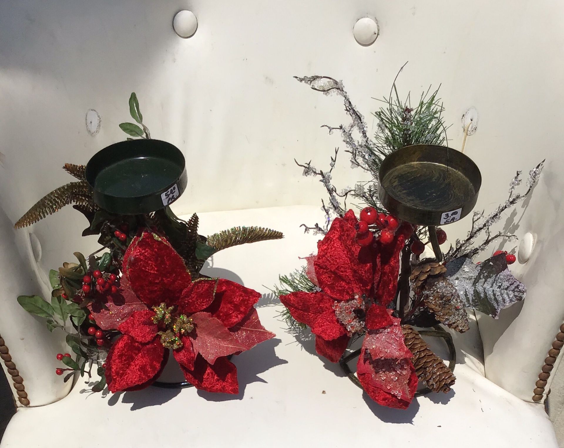 Christmas candle holders, just add a pillar candle. Very pretty for table centerpieces, window sill.....