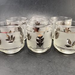 Vintage MCM Frosted Glass Silver Leaf Tumbers Set Of 6 Barware By LIBBEY GLASS COMPANY