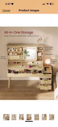 Vanity desk with sliding mirror and lights