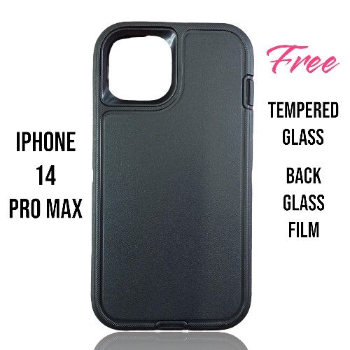 iPhone 14 Pro Max Black Heavy Duty Phone Case W/Free Tempered Glass 