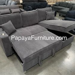 New! 89” Reversible Grey corduroy Sectional Sofa Bed, Sectional Sofa Bed, Grey Sofa, Sleeper Sofa, Grey Couch, Reversible Sectional, Sectional Sofa