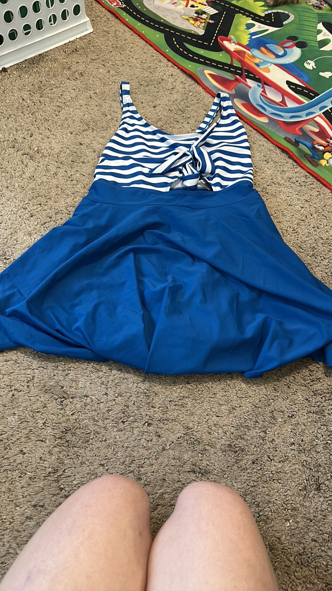 Blue & White Striped One-Piece Swim Dress