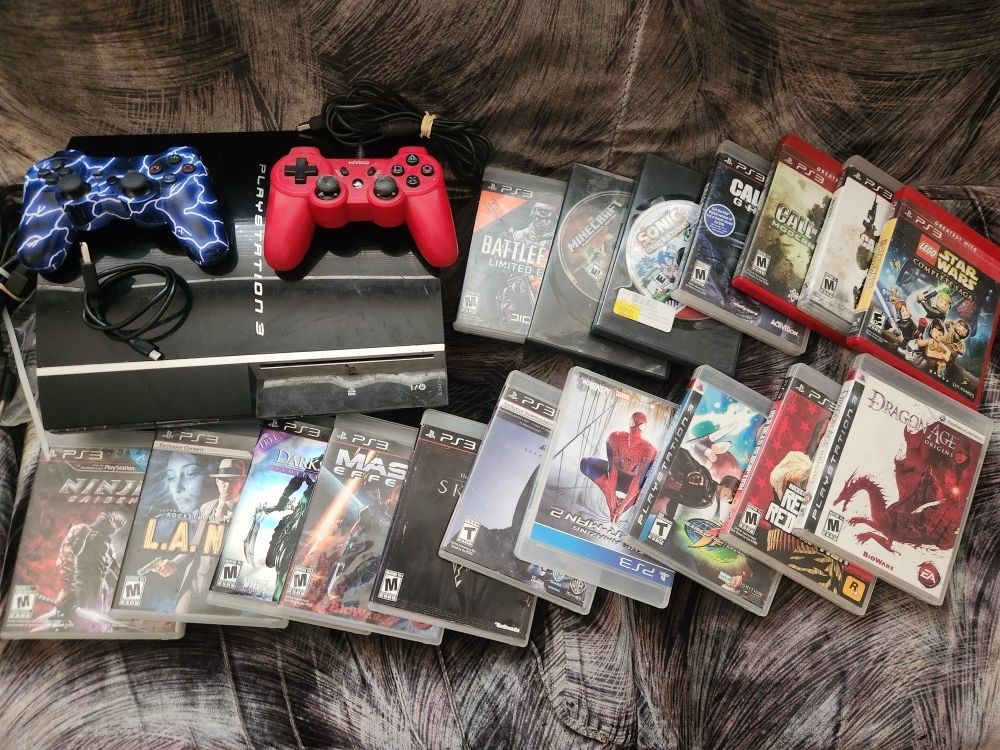Sony PS3 Fat Bundle 80Gb W Remotes all Cords and 17 Games "In Good Working Condition " Can meet or Deliver