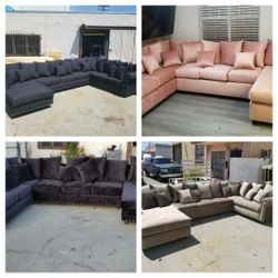 BRAND NEW 5X13X8FT AND 8X13X5FT U SECTIONAL SOFA, BABY FACE BLACK, JUAGUAR OTTER, PINK, AND DOMINO BLACK FABRIC  Sofas, CHAISE Available  3pcs
