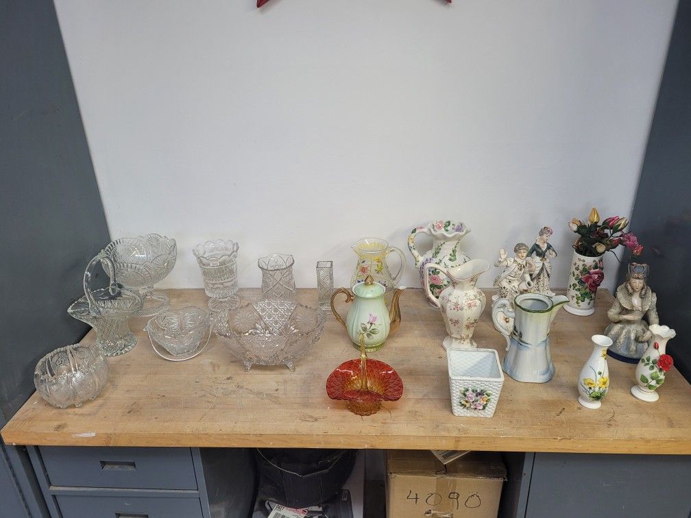 Antique Pottery Glass Porcelain Vases Figurines Pitchers Baskets