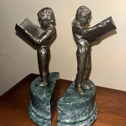 Vintage Brass and Marble Boy And Girl Reading Bookends