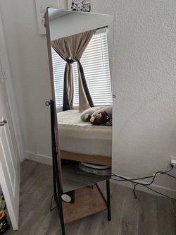 Standing Jewelry Armoire with Full Length Mirror, Bottom Shelf