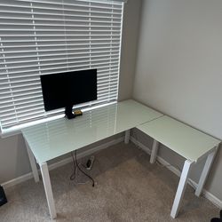 Ashley Furniture L-Shaped Desk (White/Glass) - MONITOR NOT INCLUDED