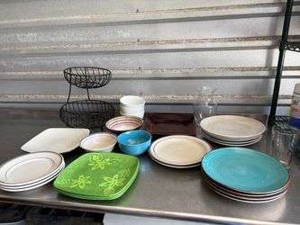 Mixed Kitchen Dinnerware & Bowls Lot + 2-Tier Wire Basket