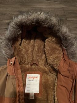 Cat & Jack Boys Parka Jacket Coat Sherpa Lined Burnt Orange Faux Fur Hood M 8/10