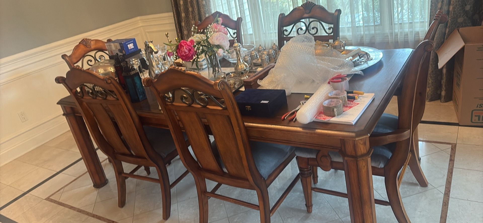 Dining room, six chairs, solid wood, and heavy