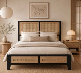 🔥 NEW Full Size Rattan Bed Frame, modern boho Style, japandi style full size bed M3