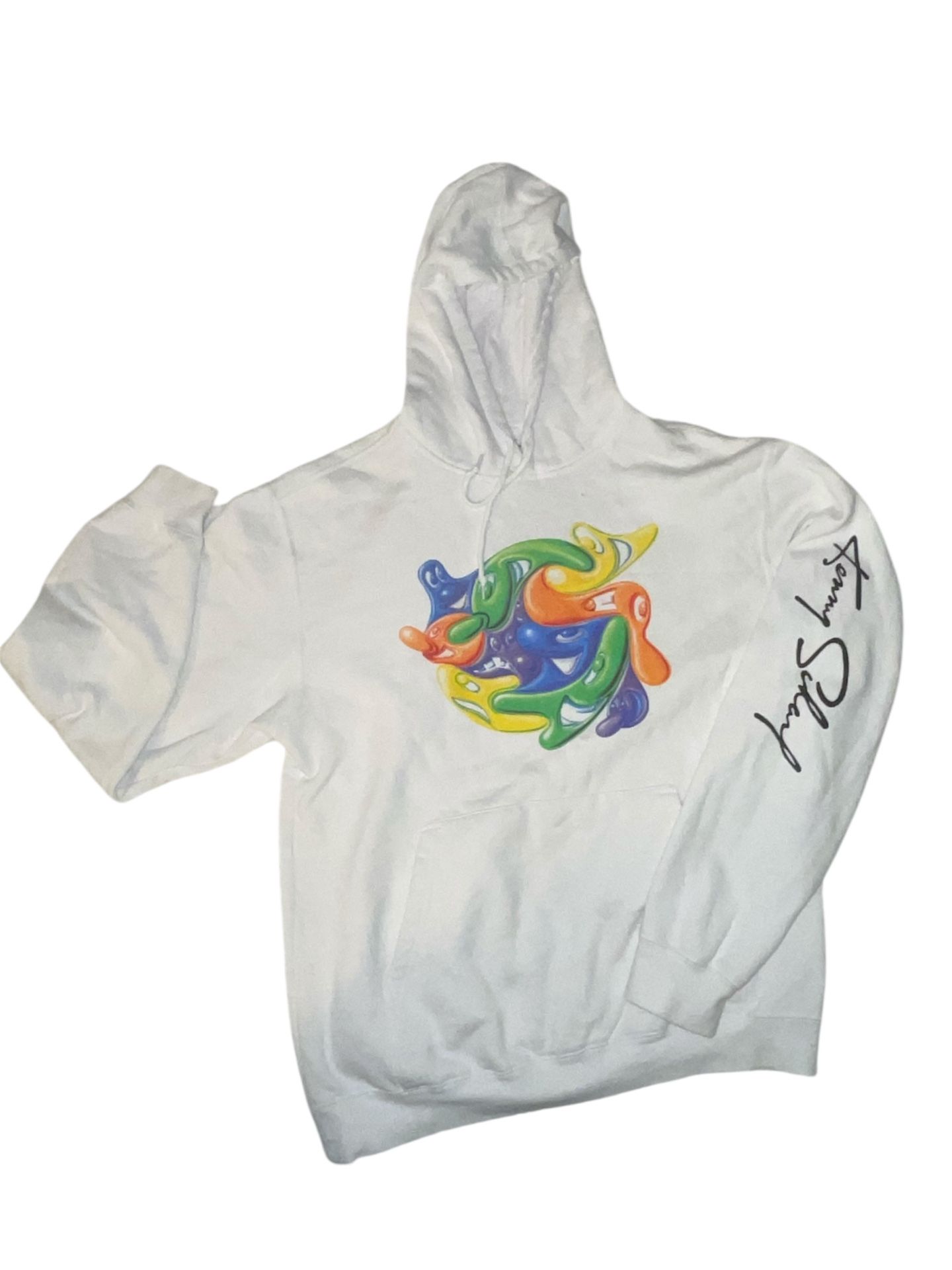The Kenny Scharf White Hooded Sweatshirt in Men's size Large is a stylish and comfortable outerwear option for casual occasions. Made from cotton and