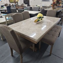 Marble Top Table,bench Set With 4chairs, Dining Set 