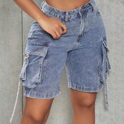 Casual Flat Pockets Denim Wide Leg Shorts 