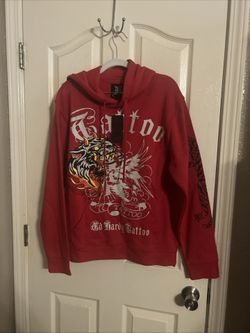 Ed Hardy Men's Tiger Tattoo Red Hoodie Size Medium New With Tags Pullover