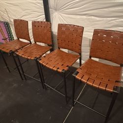 Modern Woven Leather Bar Stools (Set of 4) – Black Metal Frame 