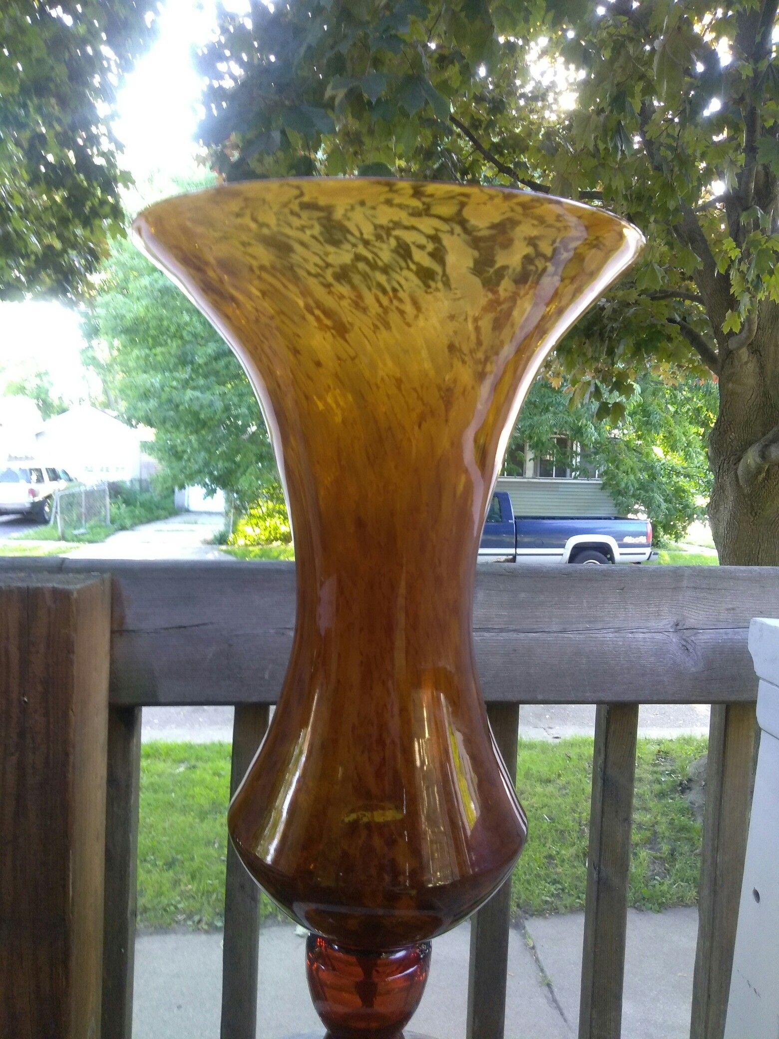 Amber Art Glass Floor Vase Mid-Century Modern Large Amber Swirl Art Glass Sparkly Glittery Amber Glass Pedestal Floor Vase EXCELLENT !