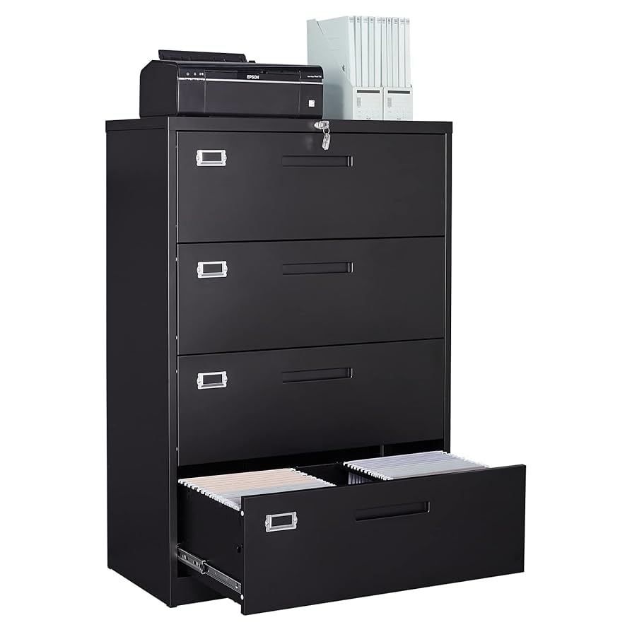 4 Drawer Lateral File Cabinet with Lock,Black Lateral Filing Cabinet,Horizontal Metal Filing Cabinet,Locked Wide Four Drawer File Cabinet for Office