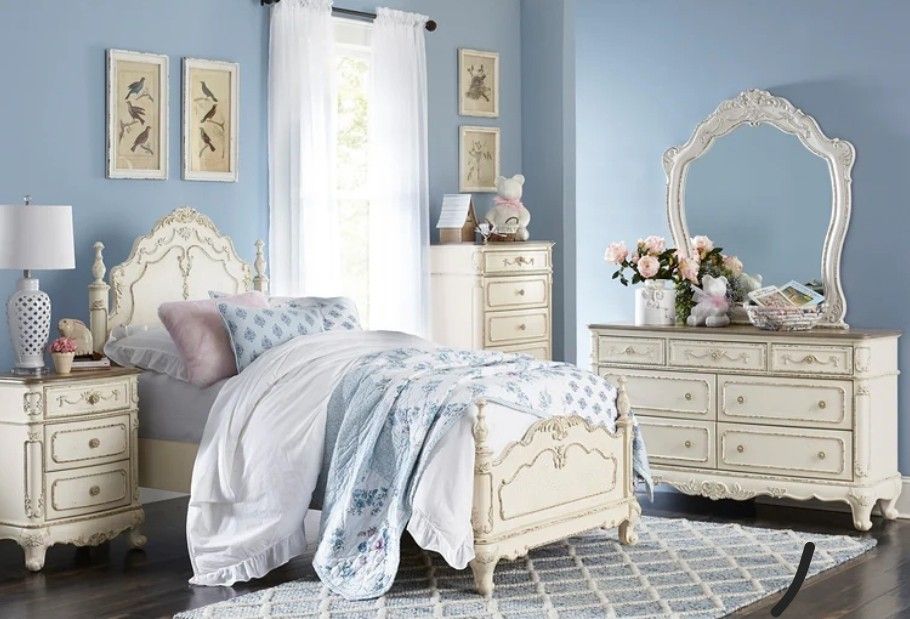 Cinderella Antique White Poster Youth Bedroom Set Bed Frame Dresser Mirror Nighstand🌍🌍