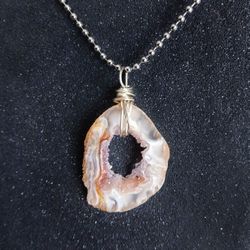Tan agate geode druzy pendant on 24" stainless steel ball chain necklace new