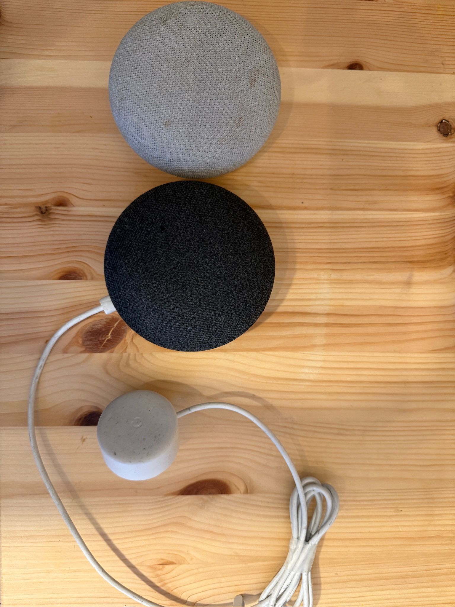 2 Google Speakers (Gray – No Cable, Black – Works Fine)