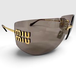 Miu Miu SMU 54Y Rimless Sunglasses Brown Gold Logo Made in Italy w/ Case
