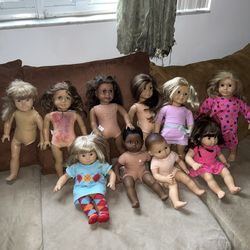 American Girl Dolls 6 And 4 Bitty Babies-1 Missing  Leg, 2 With Paint Marks Inks