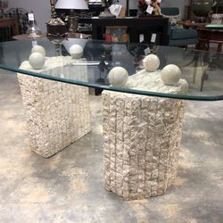  Postmodern Tessellated Marble Double Pedestal Glass Top Dining Table