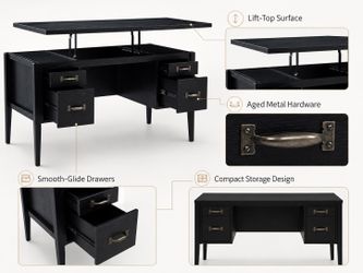 Black Lift Top Computer Desk 4 Drawer Double Pedestal Adjustable Escritorio Negro Ajustable Venta Furniture Sale Muebles