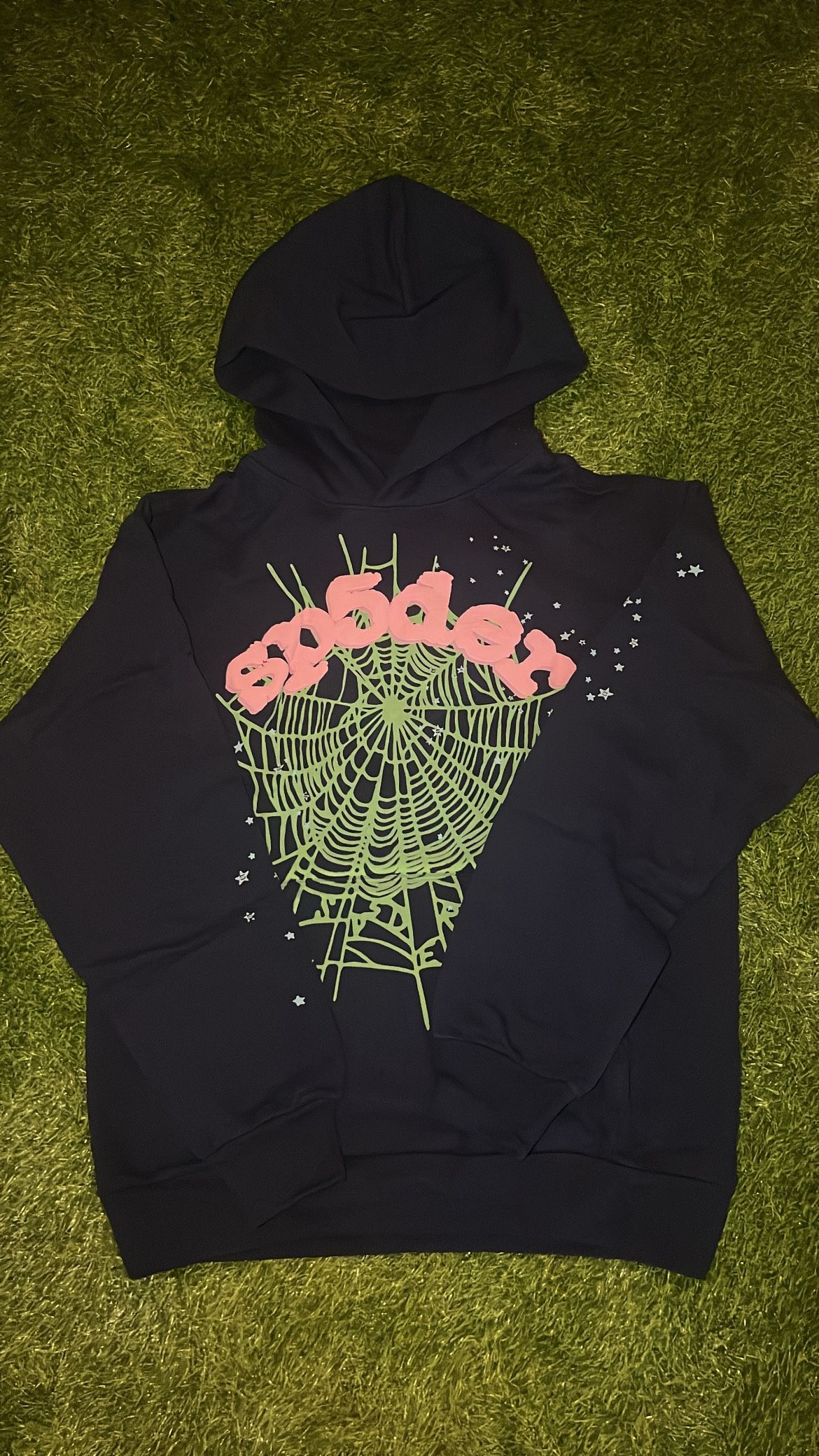 Spider hoodie green pink navy
