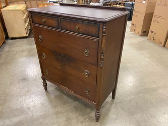 Vintage Espresso Finish 5 Drawer Dresser with Carved Wood Details
