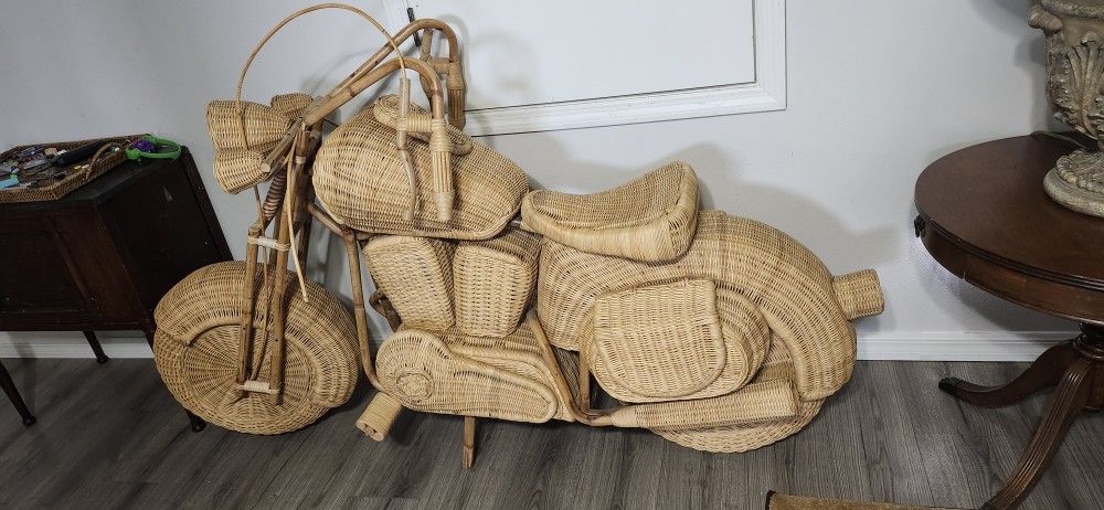 Vintage Wicker / Rattan Harley Davidson Motorcyle Life Size Statue