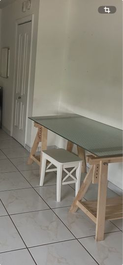 Glass Top Desk with Wood Trestle Legs