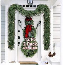 Christmas Cedar Garland Realistic with Lights - 2 Pack Cypress Decorations 12ft for Mantle Lighted Faux Pine Garlands for Home Indoor Stairs Railing F
