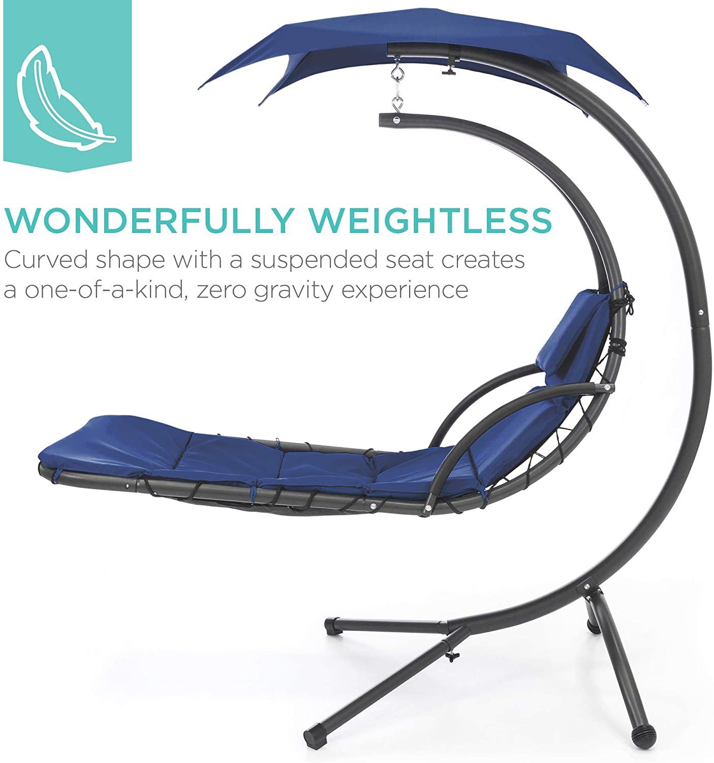 Hanging Curved Lounge Chair Swing Canopy with Pillow, Stand, Navy Blue