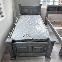 Solid Wood Twin Bed & Bamboo Mattress 