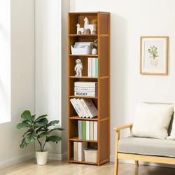 Bamboo 7 Tier Free Standing Tall Bookcase Narrow Display Storage Shelves Collection Décor Furniture for Home Living Room Study Room, Brown