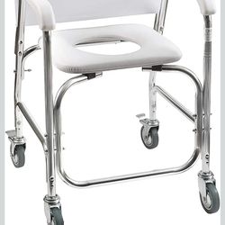 Rolling Shower Chair, Commode, Transport Chair, FSA Eligible, Rolling Bathroom Wheelchair for Handicap, Elderly, Injured or Disabled, Rear Locking Whe