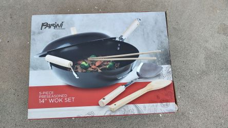 PARINI 5-PIECE WOK PRE-SEASONED WOOD HANDLE 14" NIB
