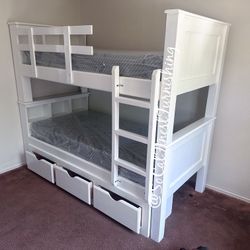 New White Twin Bunk Bed With Storage And Mattress 