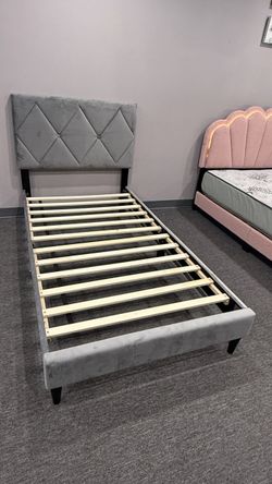 Grey Velvet Twin Bed Frame with Headboard
