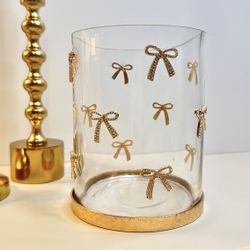Decorative Glass Hurricane Candle Holder with Gold and Rhinestones Bow 6"