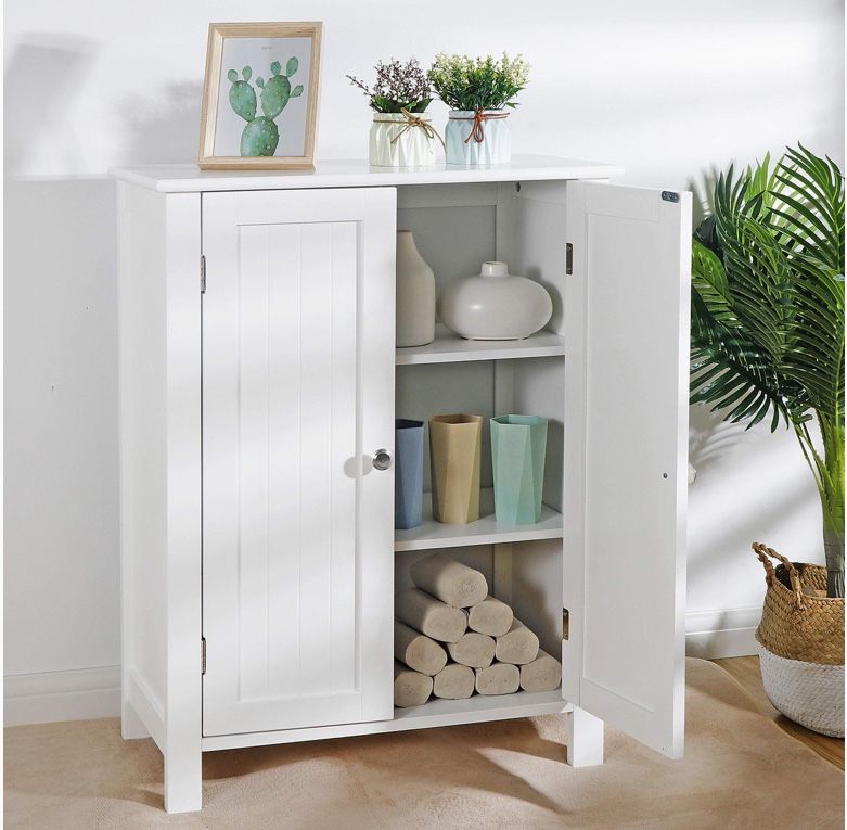 ZenStyle Bathroom Floor Storage Cabinet Free Standing Side Organizer, Tall Kitchen Pantry Entryway Cupboard with Double Doors Adjustable Shelf (White)