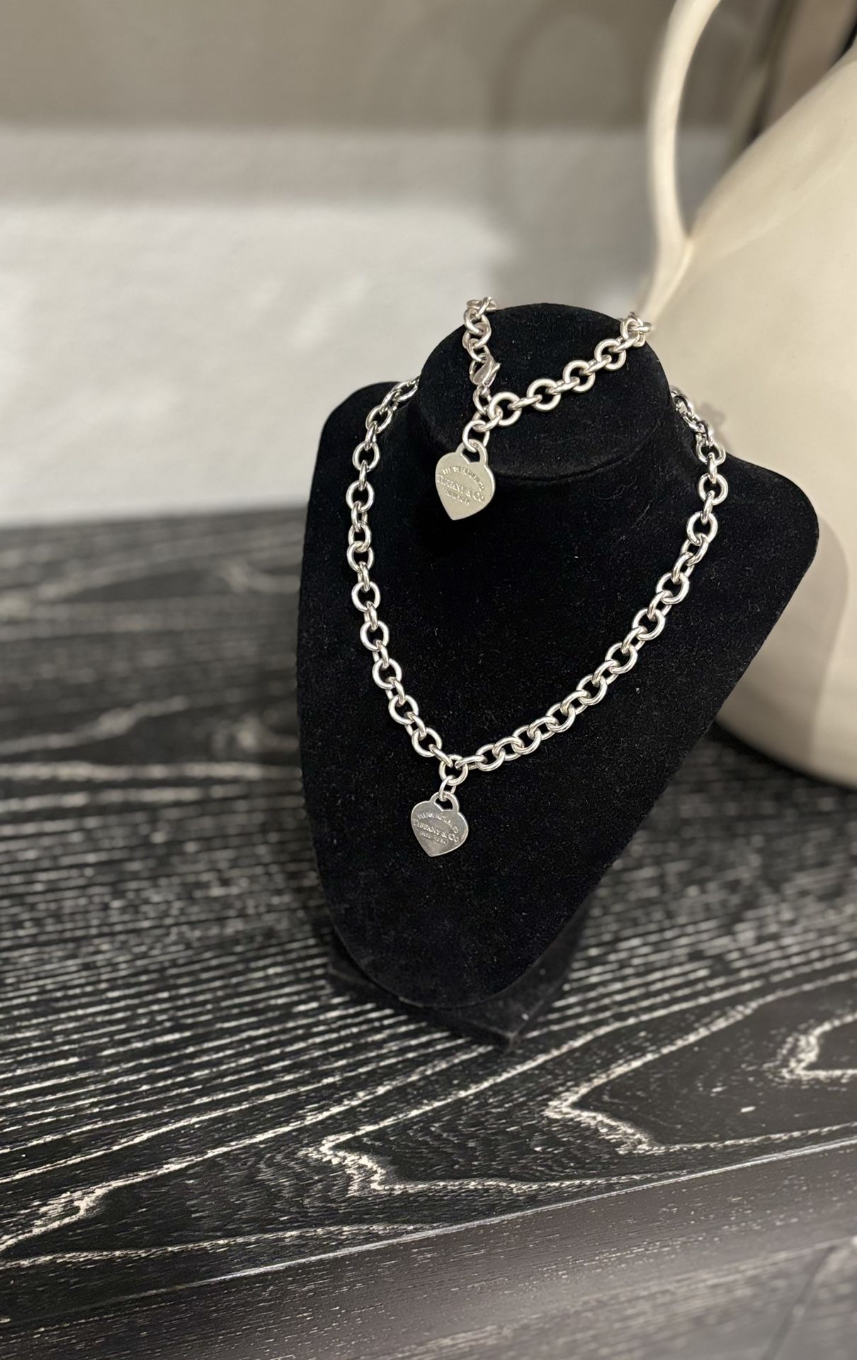 Heart Tag Chain Link Necklace And Bracelet Set