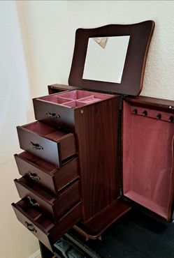 Like New! Jewelry Box Armoire With Drawers Mirror Hooks - $30 (South Fort Worth)