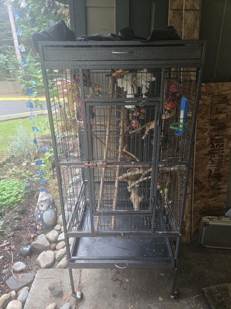 Standing Bird Cage With Toys And Cover